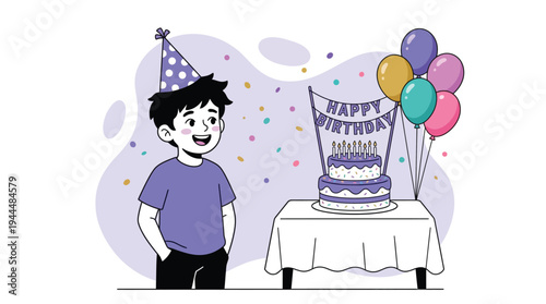 Cheerful young boy with a party hat smiling happily at a vibrant birthday cake with balloons and festive confetti, celebrating a special occasion.