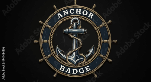 Vintage nautical anchor badge with ship wheel and rope, classic maritime emblem concept on dark background