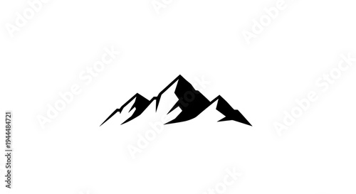 Minimalist black and white mountain range silhouette vector graphic icon. Alpine peaks nature adventure travel emblem design.