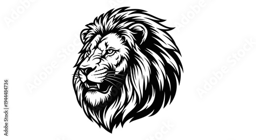 Majestic Lion Head Vector Illustration in Black and White - Powerful African Wildcat Graphic Design with Fierce Expression
