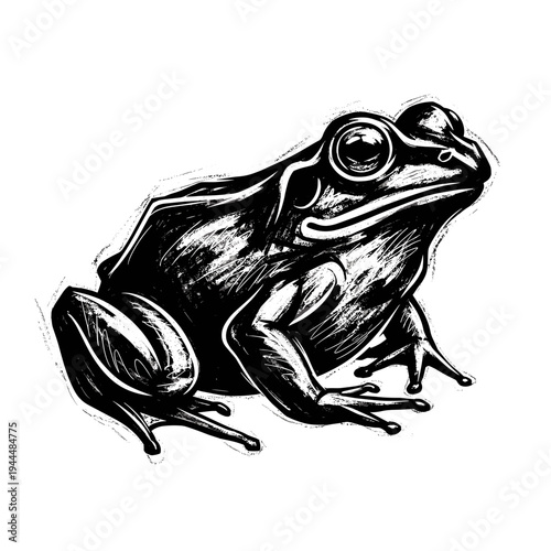 Dramatic black and white illustration of a frog with bold brush strokes and high contrast