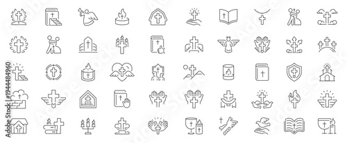 Christian religion icons set. editable line icons, outline, faith and worship symbols