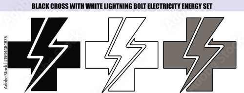 Black cross with white lightning bolt electricity energy symbols