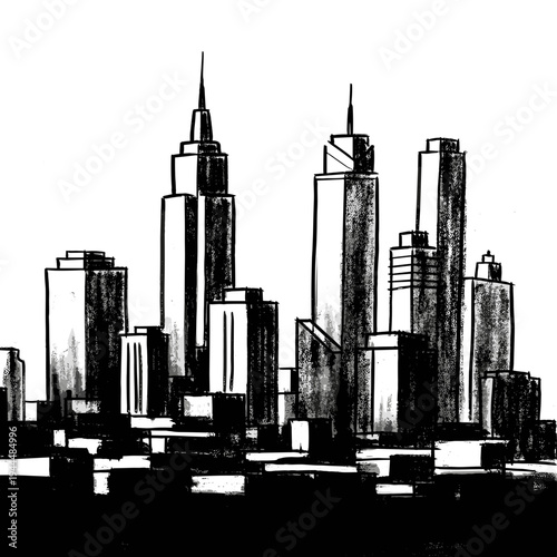 Sketchy black and white cityscape with tall skyscrapers and varied building heights