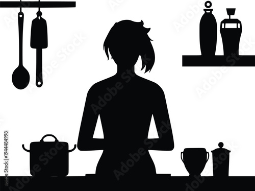 Silhouette of a person standing in a kitchen preparing meals