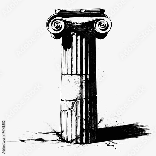 Ancient Ionic column drawing with dramatic shadows and distressed texture