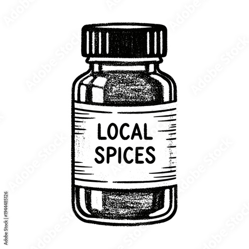 Hand-drawn illustration of a glass jar labeled "Local Spices" with a black lid