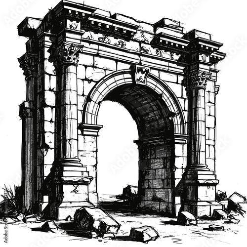 Sketch of a crumbling Roman triumphal arch with debris scattered around its base