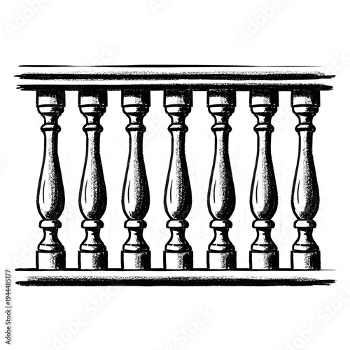 Classic balustrade with ornate turned wooden spindles and a smooth top rail