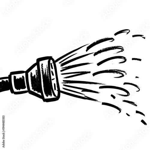 Hand drawn illustration of a garden hose spraying water in a dynamic, energetic burst