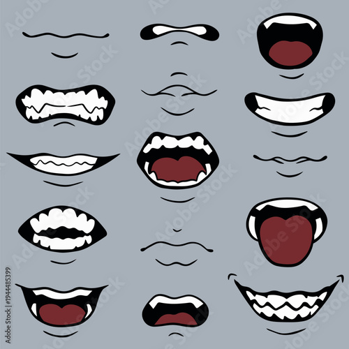 Monster mouth and teeth expressions set, vector cartoon creepy emotions collection, vampire and creature jaws isolated on grey background