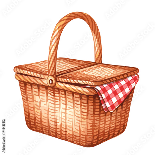 Wicker picnic basket with red and white checkered cloth, perfect for outdoor dining and gatherings
