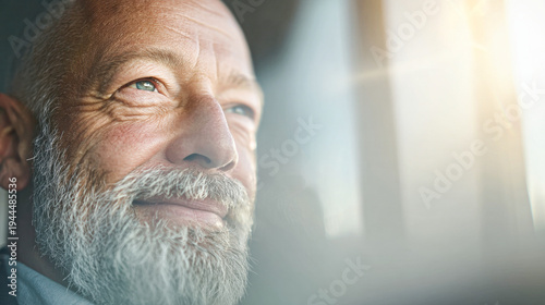 A close-up of an elderly man with a white beard gazes thoughtfully out of a window with soft sunlight illuminating his face.