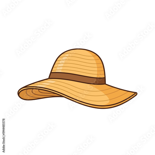 Stylish straw sun hat with a wide brim and a brown ribbon detail, perfect for summer