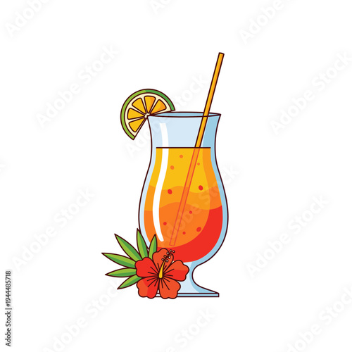 Refreshing tropical cocktail with lime slice and hibiscus flower garnish