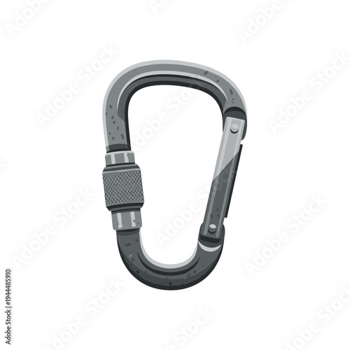 Close-up illustration of a gray carabiner with a screw gate and textured grip on a white background