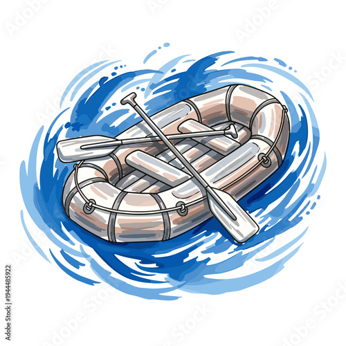 Inflatable raft with oars floating on blue water with splashes and waves