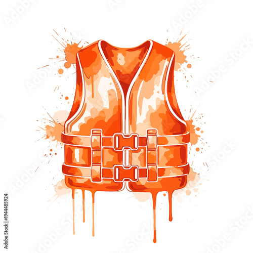Vibrant orange life vest with watercolor splashes and drips, symbolizing water safety