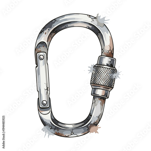 Weathered climbing carabiner with rust and cracks, isolated on white background