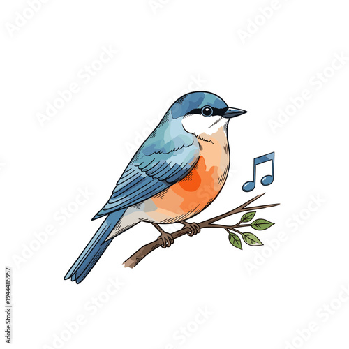 Charming illustration of a blue and orange bird perched on a branch singing a melody