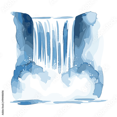 Abstract watercolor illustration of a cascading waterfall with blue hues and white splashes