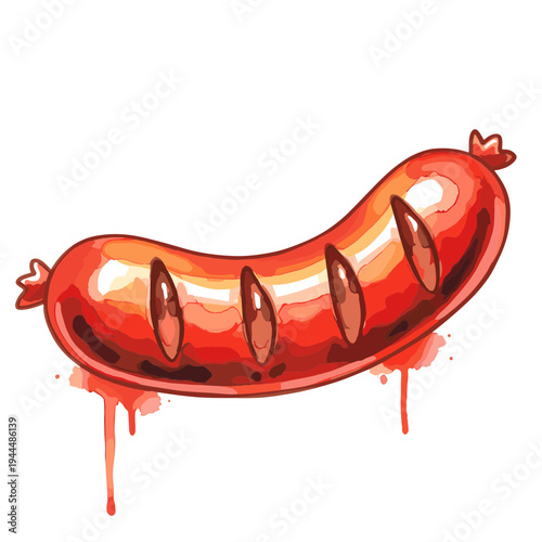 Juicy grilled sausage with grill marks and dripping sauce, isolated on white background