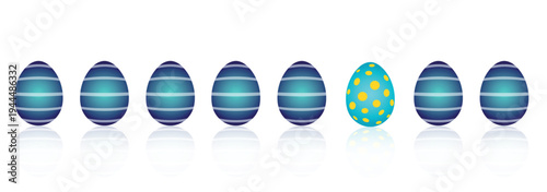 Blaue Ostereier mit Linien und Punkten nebeneinander in einer Reihe, horizontal, Banner im Querformat, transparent ohne Hintergrund