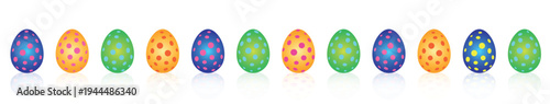 Bunte Ostereier mit Punkten nebeneinander in einer Reihe, horizontal, Banner im Querformat, transparent ohne Hintergrund