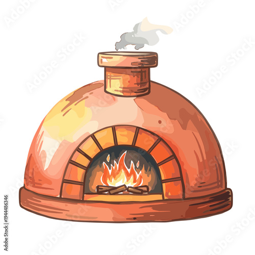 Traditional brick pizza oven with glowing fire and smoke rising from the chimney