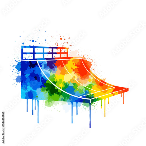 Colorful watercolor splash skate ramp with white outline and drips on white background