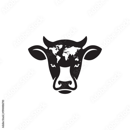 Global Cow Head with World Map on Forehead - Livestock and Travel Concept.