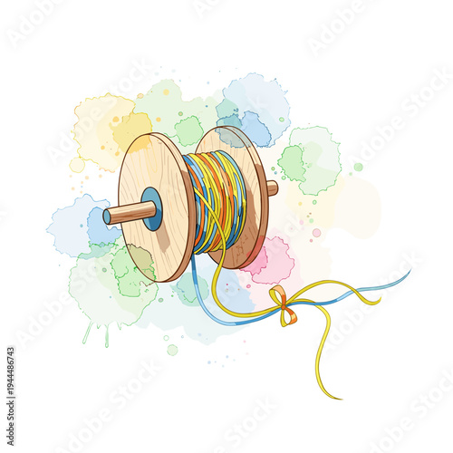 Wooden spool with colorful threads and watercolor splashes, artistic and playful design