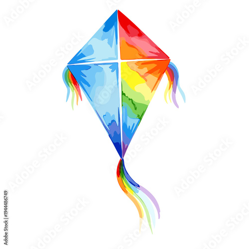 Colorful diamond kite with rainbow streamers flying against a white background