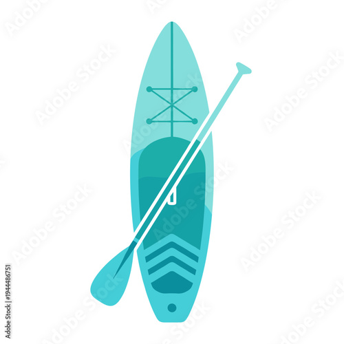 Stand up paddleboard and paddle illustration in cool blue tones on a white background
