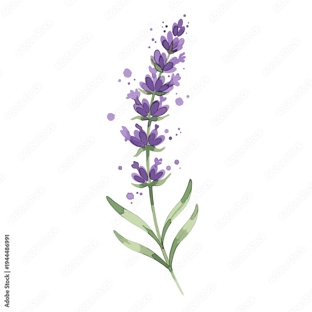 Obraz premium Delicate watercolor illustration of a single lavender sprig with purple blossoms and green leaves