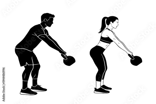 Synchronized Kettlebell Swings Personal Trainer and Woman Workout Lead by Example Black Vector Silhouette