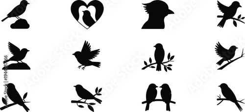 Bird silhouette collection with flying and sitting birds on branches, romantic bird couple in heart shape, black vector icon set isolated on white background