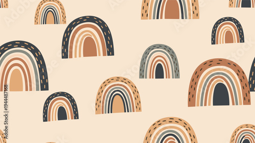 Calming seamless pattern of boho style rainbows in muted earthy tones and terracotta colors for a nursery or kids room.