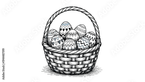 Intricate black and white line drawing of a wicker basket filled with various decorated eggs for easter celebration.