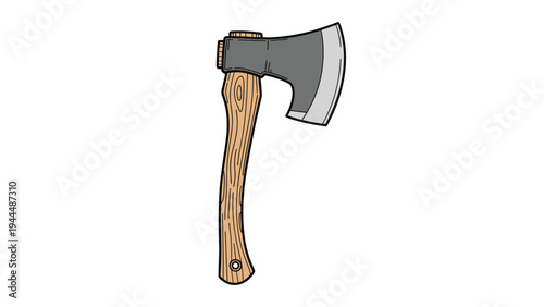 Hand drawn color illustration of a classic forest axe with a sturdy wooden handle and a sharp steel blade for woodcraft.