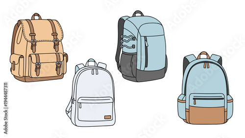 Selection of four different backpacks in various colors like beige, light blue, and gray, showcasing different styles for travel.