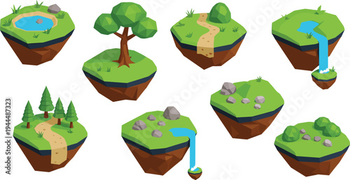 Floating island landscape set with trees, rocks, rivers and waterfalls, fantasy nature terrain elements in colorful isometric vector illustration collection