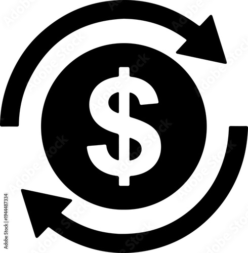 Black and White Dollar Exchange Icon with Circular Arrows for Financial Transactions and Cashback Concepts