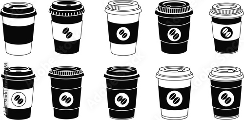 Disposable coffee cup icon set with takeaway lids and sleeves, black and white café drink container silhouettes in flat vector illustration collection