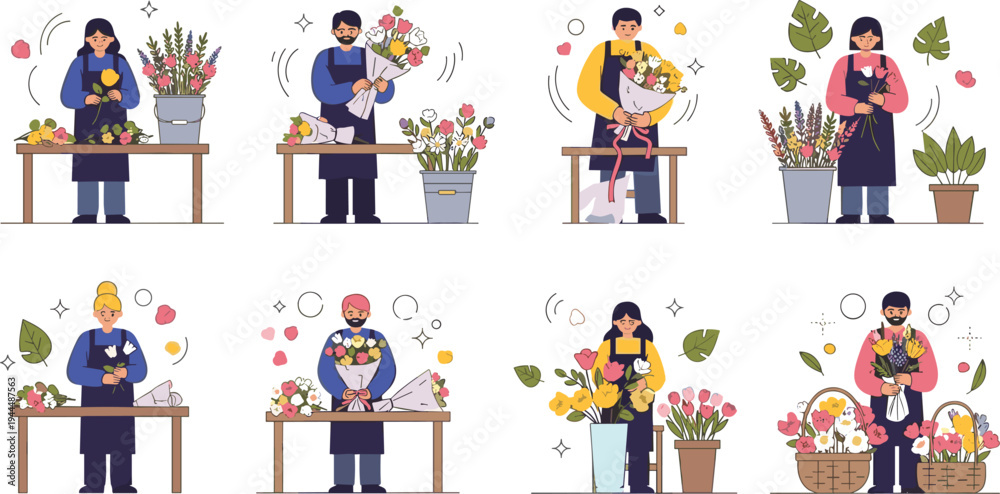 Fototapeta premium Vector Set of Professional Florists Arranging Beautiful Flower Bouquets and Working in Flower Shop Isolated on White Background