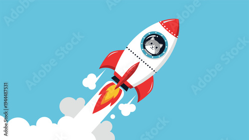 Colorful rocket ship with a cute cat looking out of the window, blasting off into a blue sky with clouds and flames trailing behind.