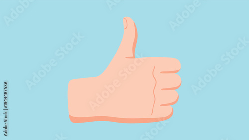 Human hand giving a thumbs-up gesture against a light blue background, symbolizing approval, success, positivity, and a job well done.