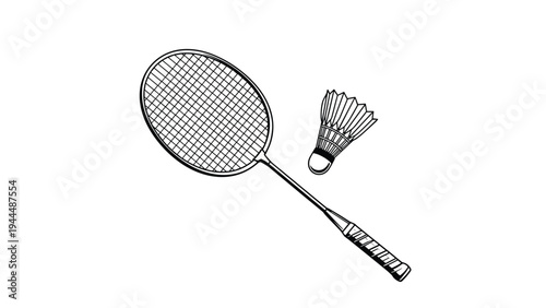 Black and white illustration of a badminton racket and shuttlecock, showing equipment used for the popular sport in a clean style.
