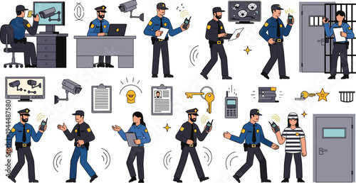 Vector Set of Police Officers and Law Enforcement Elements Including Security Monitoring Prison Guard and Police Station Scenes
