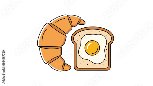Breakfast themed illustration showing a golden flaky croissant next to a slice of toast topped with a perfectly cooked fried egg.